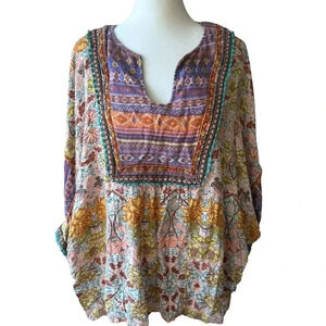 JOHN MARK Boho Mixed Print Short Sleeve Top Womens Size L
